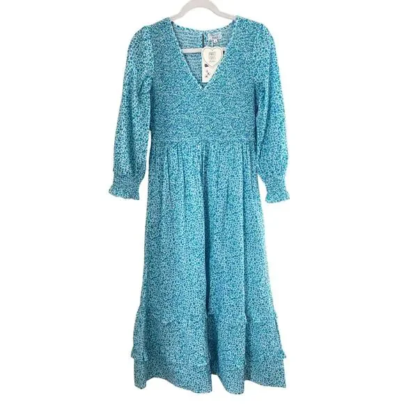 Pink City Prints Tuckernuck Ocean Ditsy Isabel V Neck Dress Long Sleeve Cotton - Picture 11 of 16